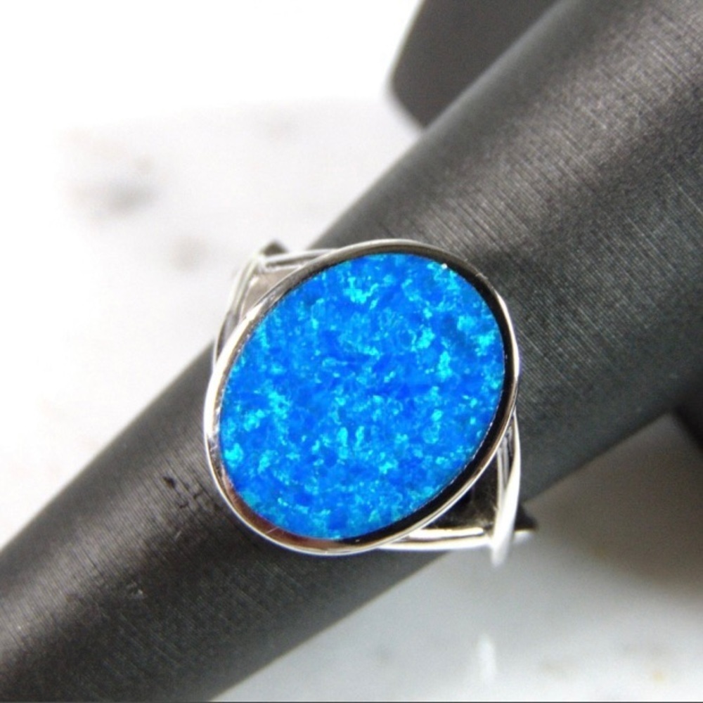 Womens Sterling Silver Modernist‎ Blue Opal Ring